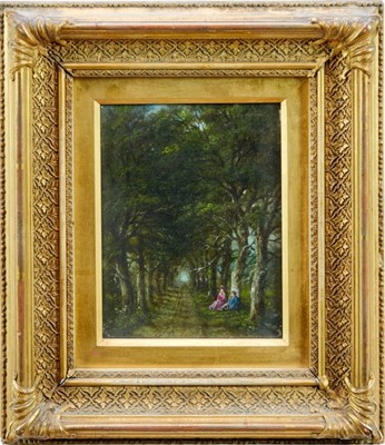 Lot 1001 - Robert Burrows oil on panel, figures in a wooded lane