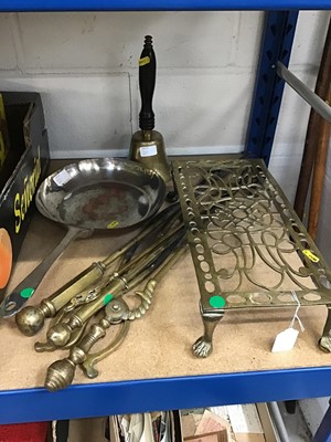 Lot 106 - Old Sheffield plate frying pan together with various other metalwares, trivet, fire irons etc