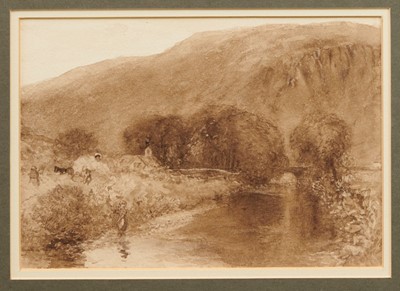 Lot 964 - Attributed to Alfred Williams Hunt - sepia watercolour river landscape.