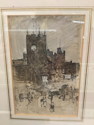 Lot 280 - John Terris (1845-1916) mixed media - figures before a church, glazed frame
