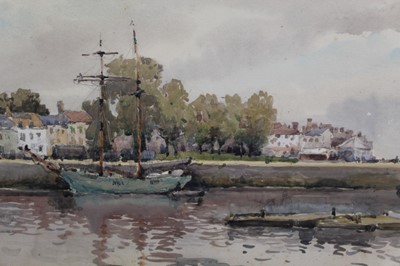 Lot 963 - French School, early 20th century watercolour, twin masted ship beside a quay