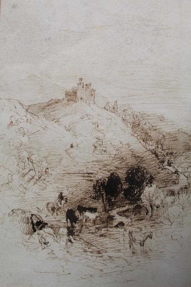 Lot 12 - Early 19th century pen and ink study of cattle before a castle.