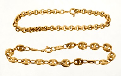 Lot 405 - Two 18ct gold bracelets, one with belcher links and the other with mariner style links