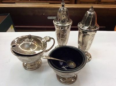 Lot 715 - Pair silver salt and pepper castors, silver mustard pot and silver salt with spoon