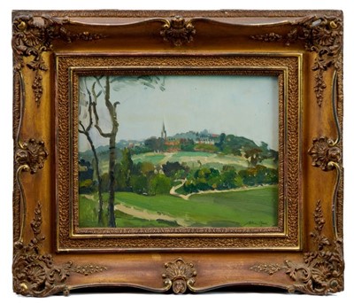 Lot 955 - Allan Barr oil on panel, landscape with church