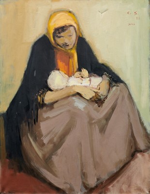 Lot 997 - English School, mid 20th century, oil on canvas - a Spanish mother and baby, initialled C.S. '52, inscribed Ibiza, unframed