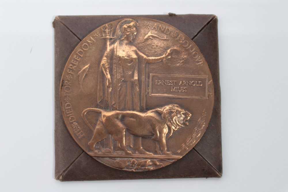 Lot 600 - First World War Memorial (Death) plaque named to Ernest Arnold Miles, in cardboard packet