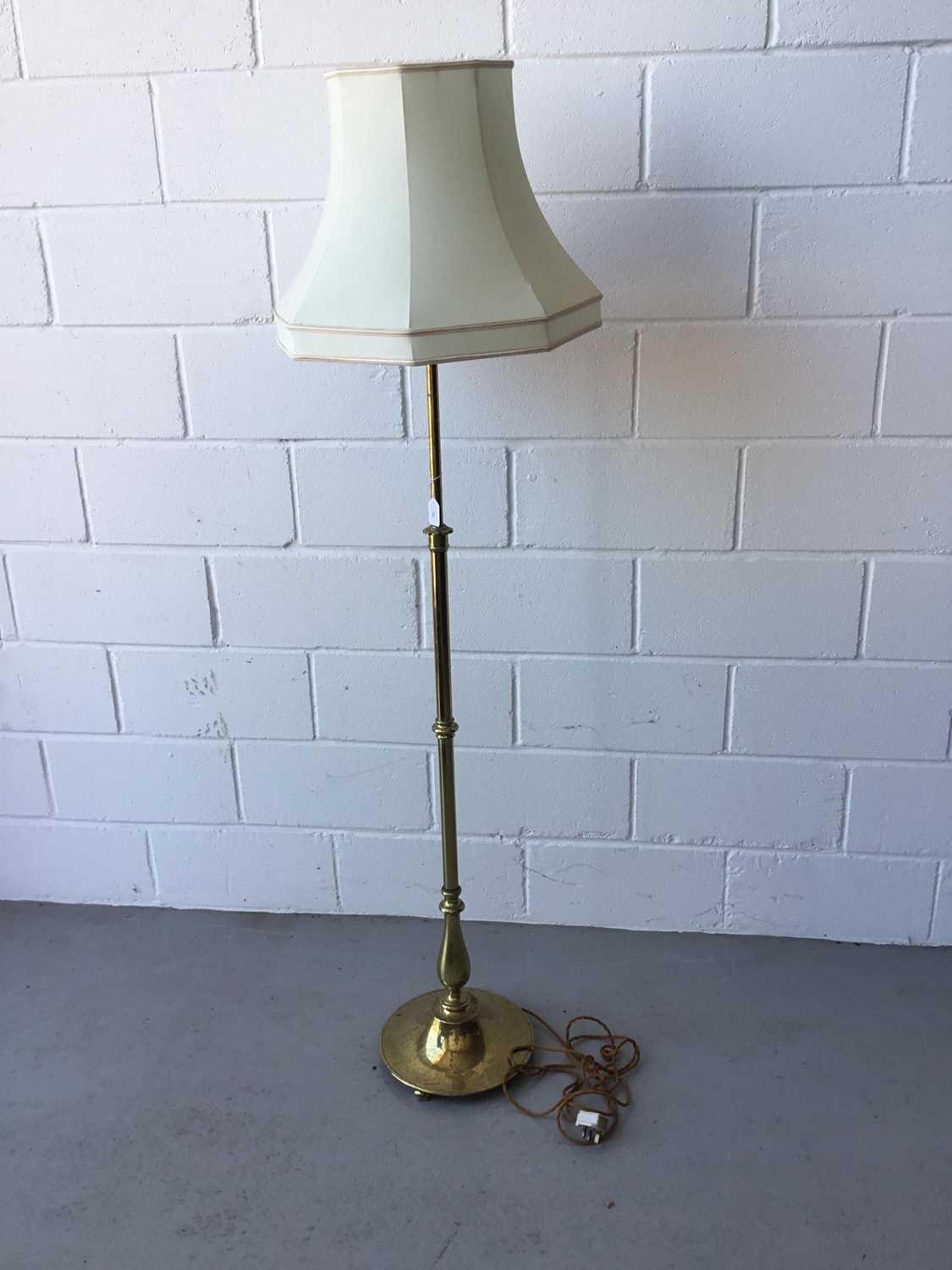 Lot 10 - Brass standard lamp, with telescopic column and cream shade, 210cm in overall height (column extended fully)