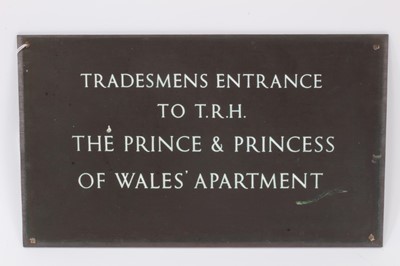 Lot 87 - Rare bronze wall plaque engraved ‘Tradesmens Entrance To T.R.H. The Prince and Princess of Wales’ Apartment