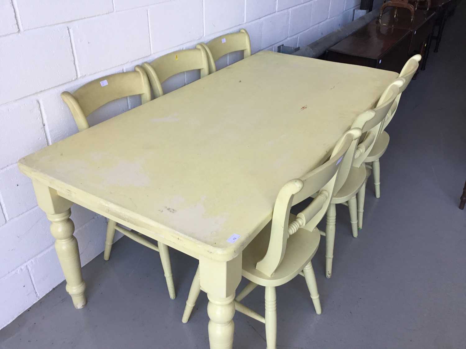Lot 13 - Large painted pine kitchen table on turned legs, together with six similarly painted chairs (7 pieces) table 182 cm length, 90cm width, 76cm height