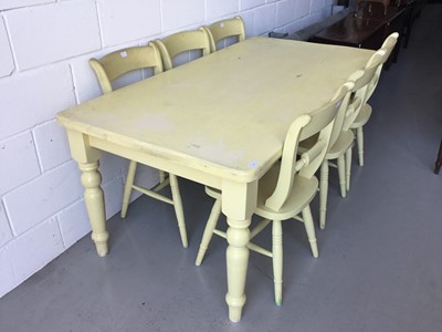 Lot 13 - Large painted pine kitchen table on turned legs, together with six similarly painted chairs (7 pieces) table 182 cm length, 90cm width, 76cm height