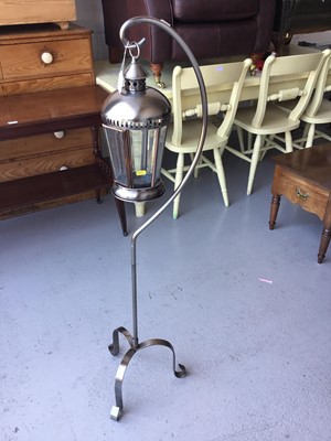 Lot 19 - Contemporary brushed metal garden hanging lantern on tripod base, 123cm in overall height