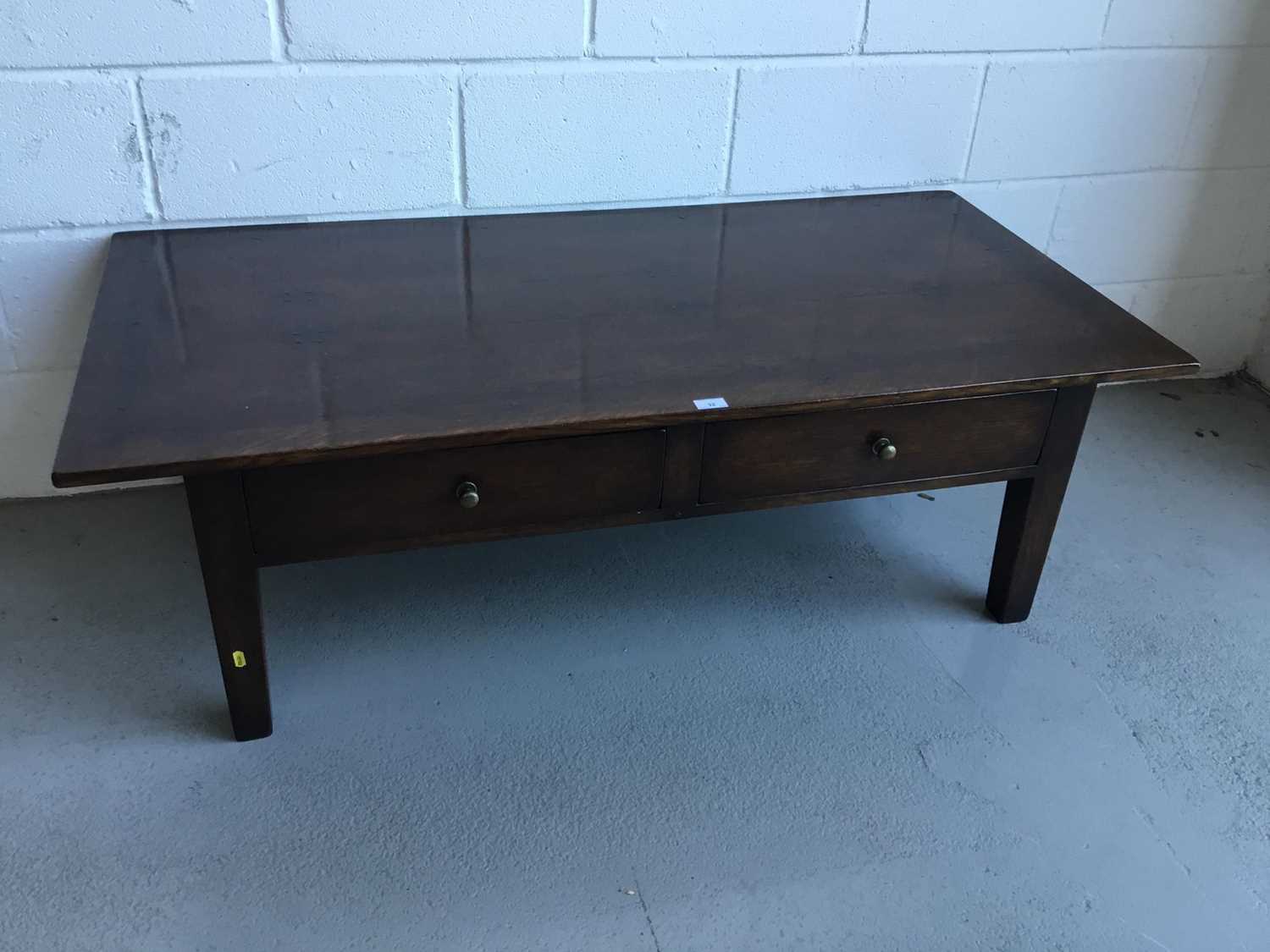Lot 32 - Good Quality oak low coffee table of rectangular form with two draws, on square taper legs, 140cm in length, 46cm in height, 69cm in depth