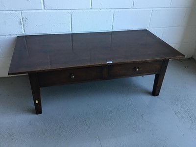 Lot 32 - Good Quality oak low coffee table of rectangular form with two draws, on square taper legs, 140cm in length, 46cm in height, 69cm in depth