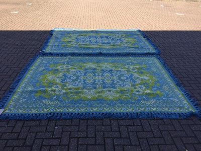 Lot 44 - Pair of large woven rugs with foliate and scroll decoration on blue and yellow ground, each 294 x 212cm