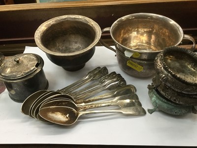 Lot 713 - Collection of silver items, including teaspoons, twin handled cup, silver mounted bowl, mustard