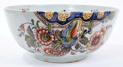 Lot 31 - Unusual polychrome Delft ware bowl, commemorating Nelson, with ship and floral decoration, 29cm diameter