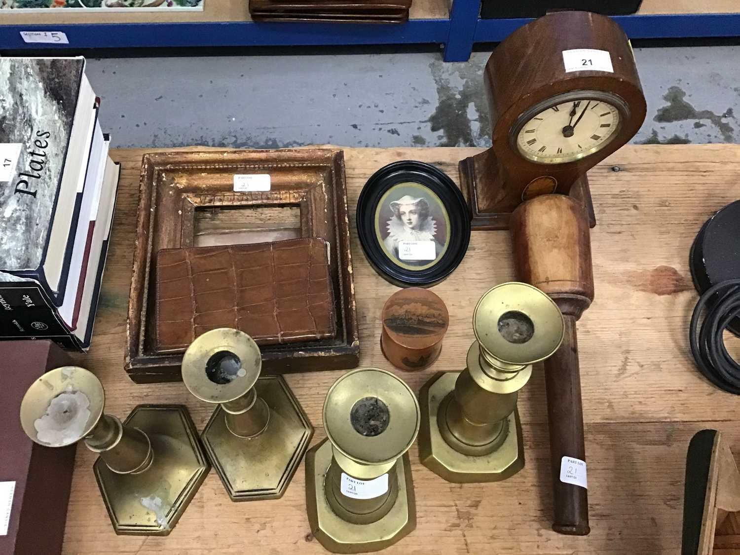 Lot 21 - Edwardian balloon form clock, 19th century brass candlesticks, leather wallets, mauclineware box, portraits miniature, 19th century framed engraving