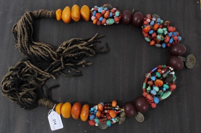 Lot 214 - African necklace, possibly Berber, Atlas Mountains with simulated amber beads, Venetian trade beads and coins