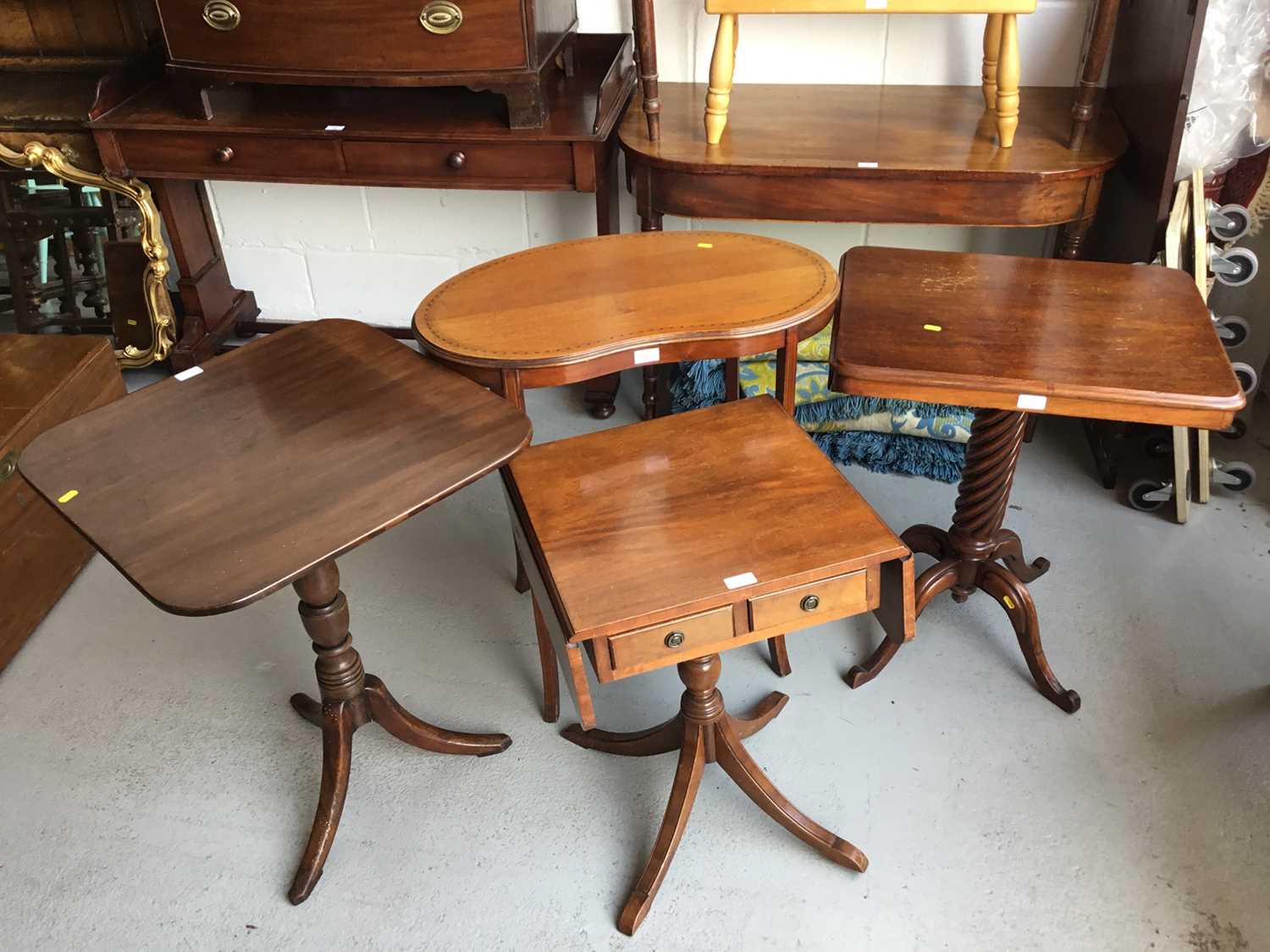 Lot 47 - Edwardian Mahogany kidney shaped two tier occasional table, together with a mahogany tilt top wine table, another occasional table with spiral twist column and a reproduction drop flap occasional t...