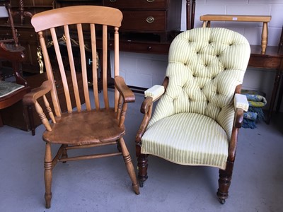 Lot 49 - Victorian mahogany framed easy chair with scroll arms and striped buttoned upholstery together with an Elm slat back country chair (2)