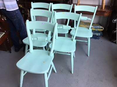 Lot 50 - Set of six painted wood kitchen chairs on turned legs joined by stretchers, each approx 90cm in height