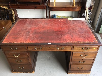 Lot 53 - Large Antique style mahogany twin pedestal desk, inset red leather top above an arrangement of nine draws around the knee hole 152cm in length, 77cm in height, 91cm in depth