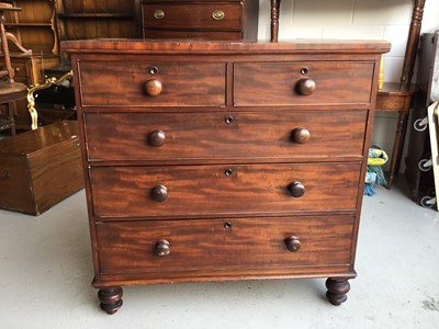 Lot 56 - Victorian mahogany chest of draws comprising two short and three long draws with turned bun handles, on turned legs, 106cm in length, 106cm in height, 54cm depth
