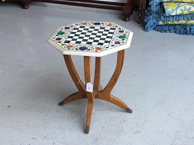 Lot 58 - Italian marble pietra dura octagonal games table with malachite and Lapis decoration, and chess board top, on folding walnut stand, 38cm wide, 43cm in height