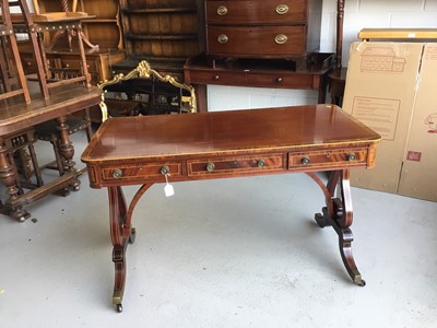 Lot 64 - Good quality reproduction mahogany centre table by Redman and Hales, with inlaid and crossbanded decoration on brass castors, 122cm in length, 74cm in height, 61cm in width