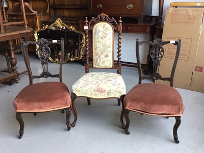 Lot 66 - Victorian bedroom chair with spiral twist supports and tapestry upholstery on cabriole legs, together with a pair of carved wood bedroom chairs with velvet upholstery (3)