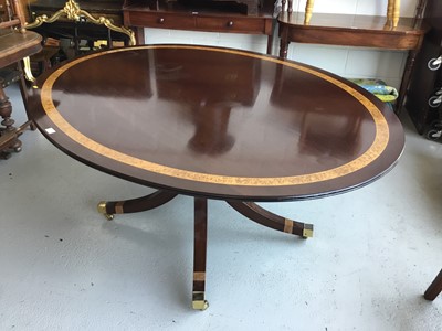 Lot 67 - Good Quality reproduction mahogany oval dining table by Redman & Hales with inlaid band of burr walnut decoration, on brass castors, together with six similar regency style dining chairs (7)