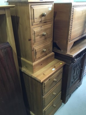 Lot 90 - Narrow pine chest of three draws, together with a similar pine bedside chest, larger chest measuring 49cm in length, 83cm in height and 45cm in depth, small chest measuring 39cm in length, 71cm in...