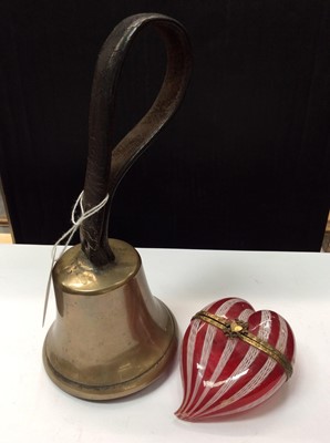 Lot 390 - Victorian school bell and Victorian red and white glass heart shaped box