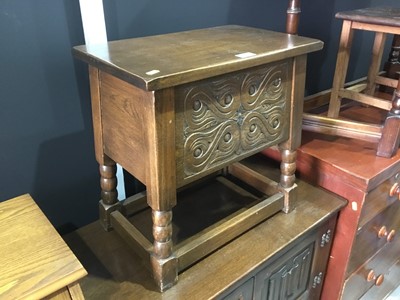 Lot 120 - Reprodux oak stool / work box with carved decoration, hinged lid and bobbin turned legs joined by stretchers, 48 x 48 x 30cm