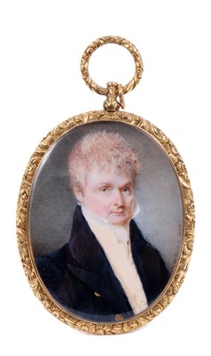 Lot 671 - P. G. Dodd (c1800-c.1840) portrait miniature on ivory of a Gentleman in blue coat and white collar, signed and indistinctly dated 1809 (?), oval glazed gilt frame with woven hair panel to reverse,...