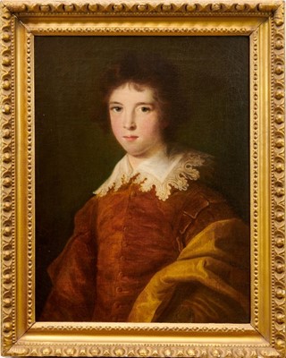 Lot 1084 - English School (early 18th century) oil on canvas, portrait of a young man in red velvet coat with lace collar, 63 x 46cm, gilt frame