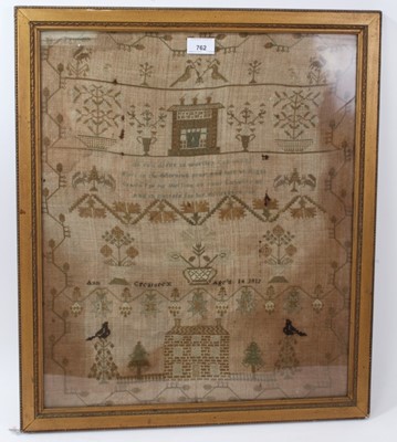 Lot 762 - George III sampler, signed and dated Ann Gretorex, aged 14, 1812, with country house, animal and foliate motifs in meander borders, 53 x 42cm glazed frame