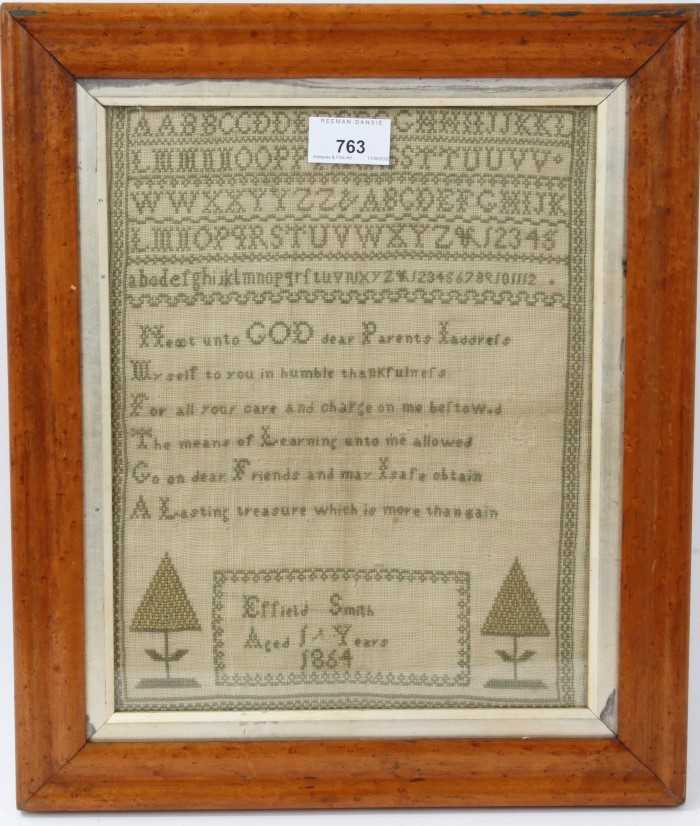 Lot 763 - Victorian sampler, signed and dated Effield Smith, 1864, with alphabet and religious verses, 29 x 23cm