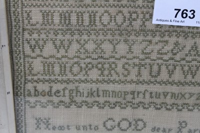 Lot 763 - Victorian sampler, signed and dated Effield Smith, 1864, with alphabet and religious verses, 29 x 23cm