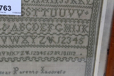 Lot 763 - Victorian sampler, signed and dated Effield Smith, 1864, with alphabet and religious verses, 29 x 23cm