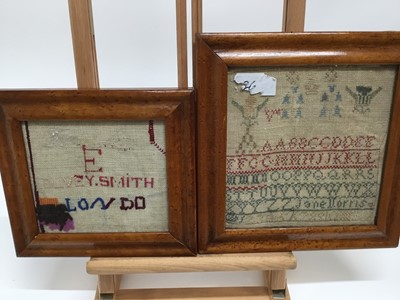 Lot 38 - Victorian sampler, together with framed textile fragment and two samplers in birds eye maple frames
