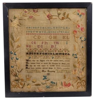 Lot 721 - George IV silkwork sampler, by Ann Campling 1822, with alphabet and lyric verse in foliate border, 31 x 29cm, glazed reeded ebonised frame