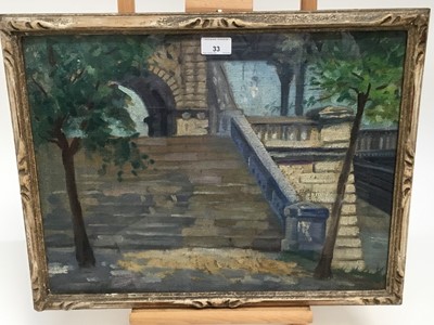 Lot 33 - English School, early 20th century, oil on canvas - Steps and bridge, possibly London 37 x 48cm, glazed frame