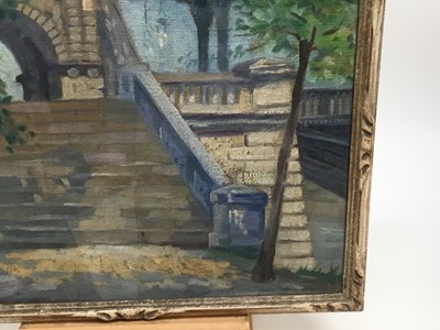 Lot 155 - English School, early 20th century, oil on canvas - Steps and bridge, possibly London 37 x 48cm, glazed frame