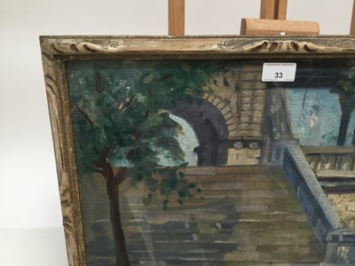 Lot 33 - English School, early 20th century, oil on canvas - Steps and bridge, possibly London 37 x 48cm, glazed frame