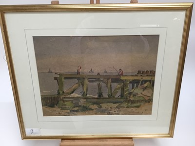 Lot 34 - East Anglian School, early 20th century, watercolour, fishing off a jetty, 17 x 38cm, glazed frame