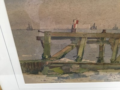 Lot 34 - East Anglian School, early 20th century, watercolour, fishing off a jetty, 17 x 38cm, glazed frame