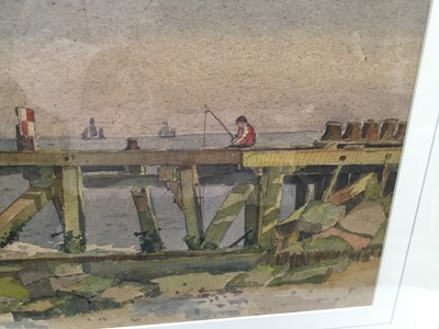 Lot 154 - East Anglian School, early 20th century, watercolour, fishing off a jetty, 17 x 38cm, glazed frame