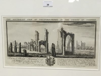 Lot 153 - Samuel and Nathaniel Buck, 18th century engraving depicting the South East view of Thetford Priory, 20 x 36cm, glazed frame
